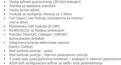 �	Visoka tačnost pozicioniranja (20-bitni enkoderi) �	Podr�ka za apsolutne enkodere �	Visoka brzina odziva  �	Funkcija za suzbijanje vibracija sa 2 filtera  �	Full Closed Loop funkcija (enkoderima sa motora i merne letve)  �	Elektronska CAM funkcija (E-CAM) �	RS485/RS232 sa Modbus protokolom �	Podr�ani EtherCAT, CANopen i DMCNET komunikacioni protokoli �	Integrisana funkcija elektronske osovine          (Gantry Control) �	Mod kontrole pozicije - pulsni �	Mod kontrole pozicije - internim parametrom pozicije  �	3 moda rada (pozicija/brzina/momenat) - analogno ili internim parametrom �	ASDA-Soft konfiguracioni softver za lak�e i br�e parametriranje